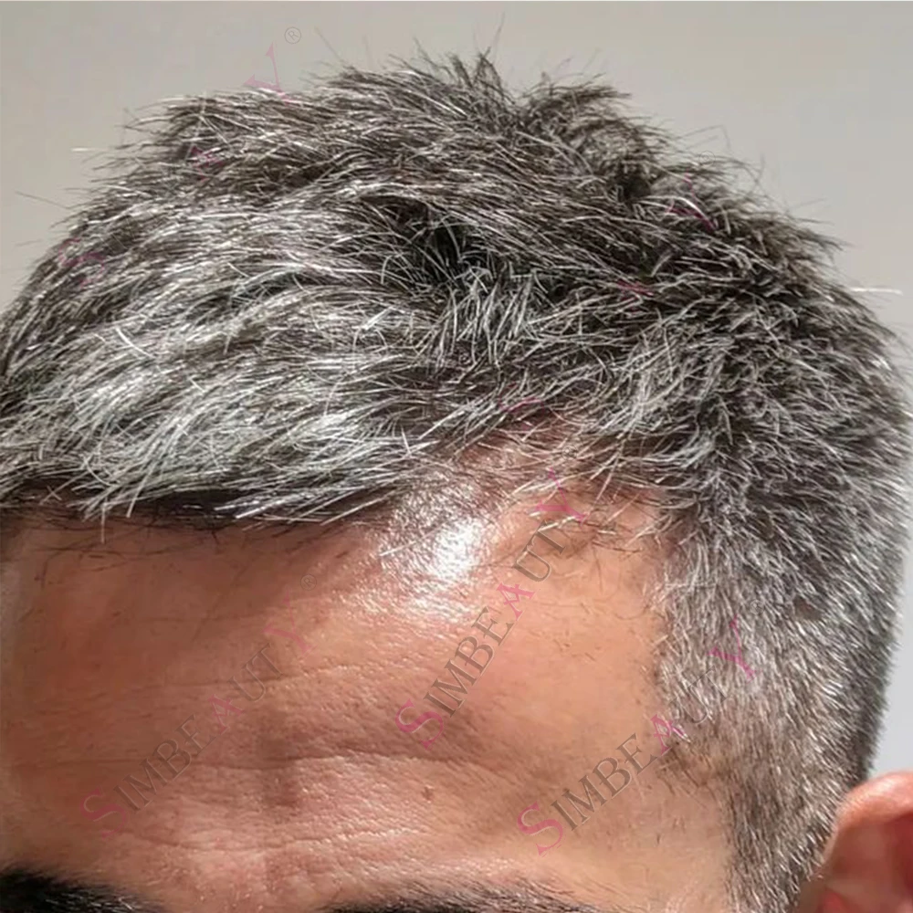Undetectable Poly Skin 0.1mm Injection PU Old Mens Toupee 100% Human Hair Replacement Prosthesis Black Brown Grey Man Hairpieces