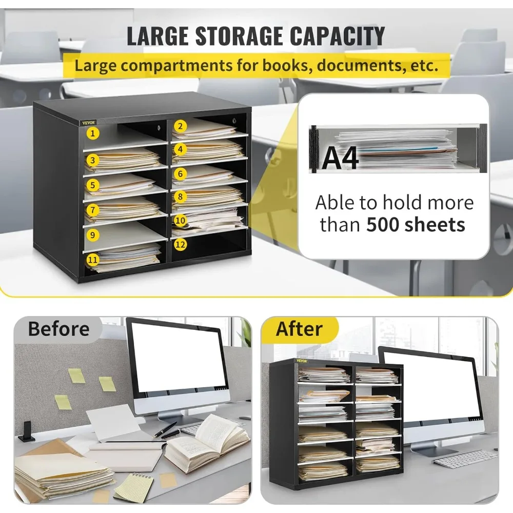 VEVOR-Wood Literature Organizer com 12 Compartimentos, Prateleiras Ajustáveis, Média Densidade, Mail Center, Escritório, Casa, Escola