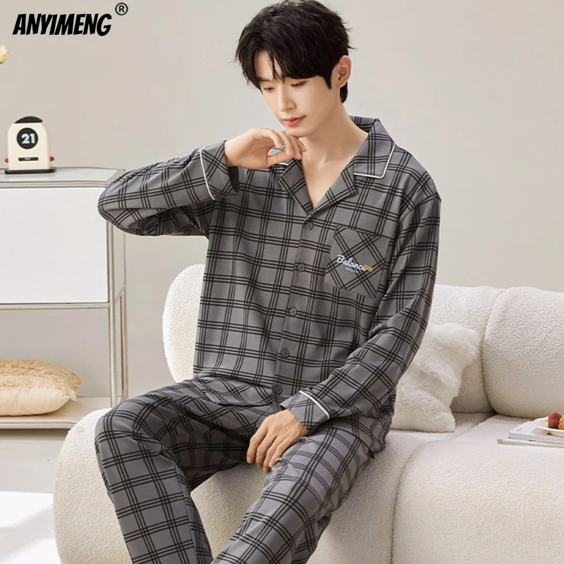 Autumn Winter Faux Cotton Men Pajamas Plaid Pajama Sets Long Sleeves Pants Homewear Elegant Male Pajamas Leisure Pyjamas