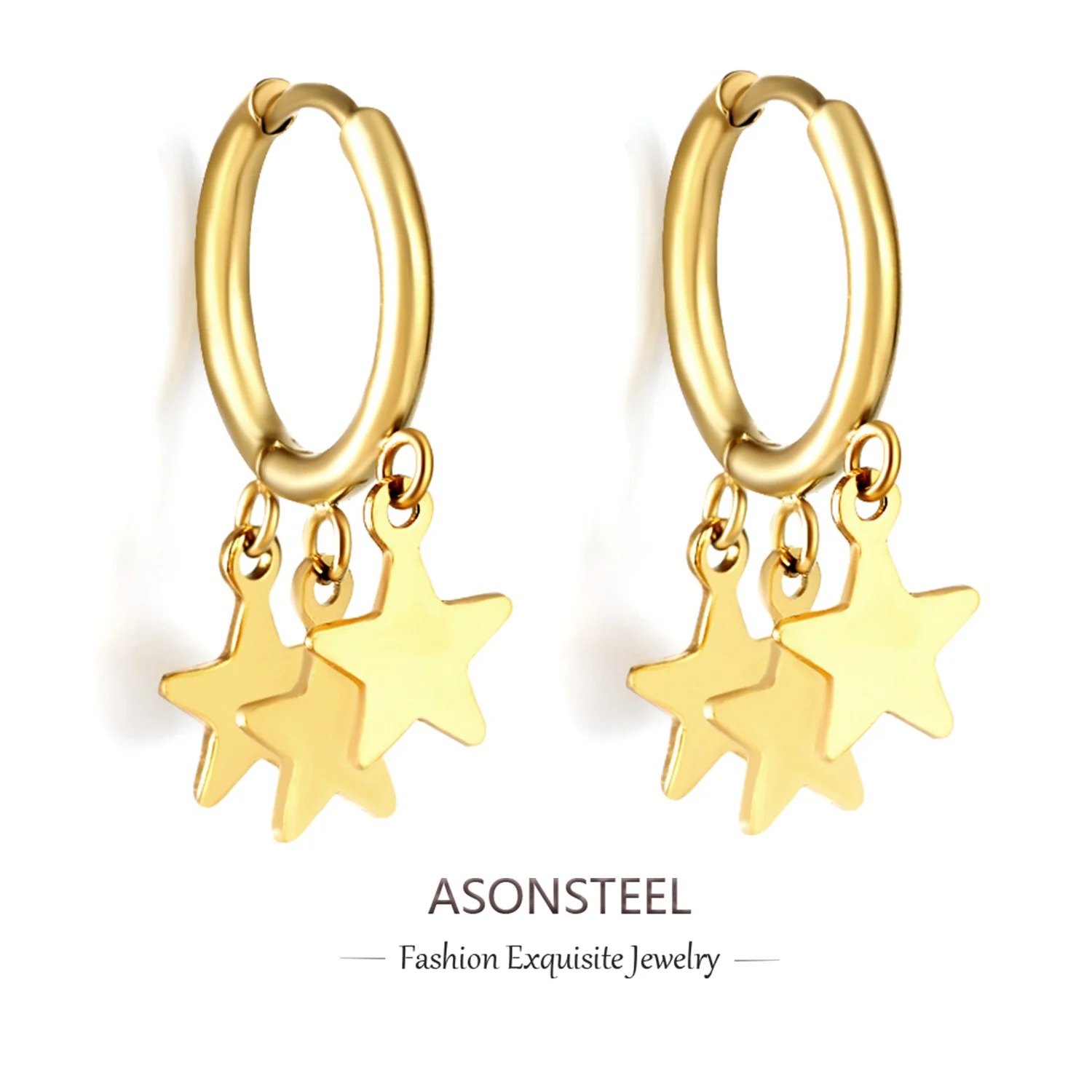 ASONSTEEL 18K Gold Plated Stainless Steel Drop Hoop Earrings Cubic Zirconia Stars Moon For Women Charms Aesthetic Trendy Jewelry