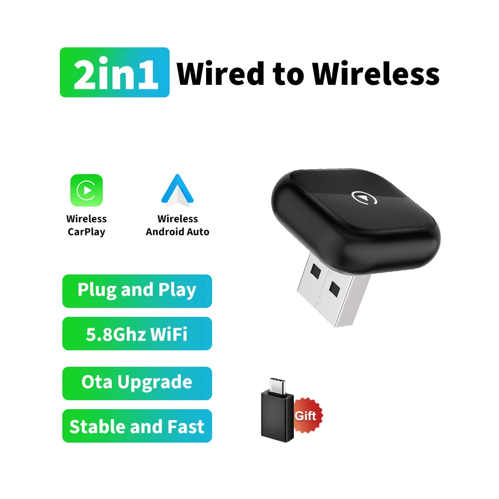 2026 FLIXIVI Draadloze CarPlay Adapter 2-in-1 mini Bedraad naar draadloos dongle voor Apple & Android Plug and Play Universele auto-accessoires