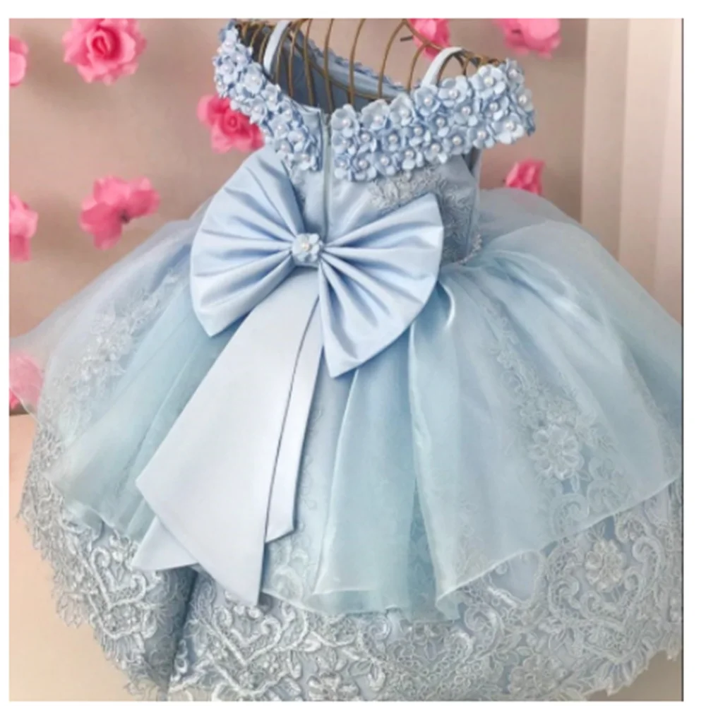 ลูกไม้ Tulle ดอกไม้ลูกปัดใหญ่ซาตินโบว์ดอกไม้สาวชุด Fit งานแต่งงานวันเกิด Princess Ball Communion Gowns