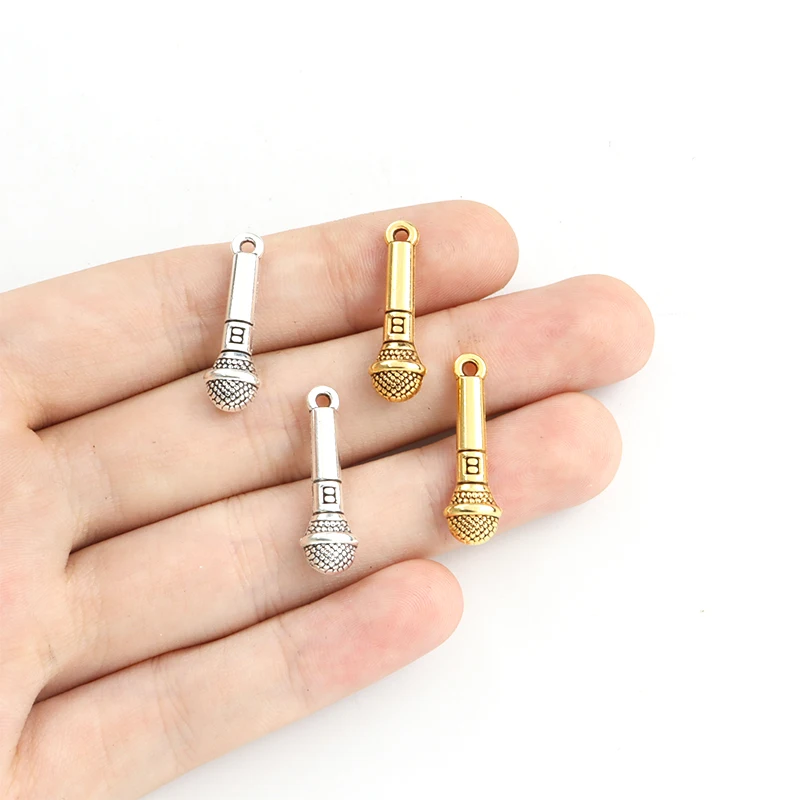 15pcs Creative Alloy Microphone Charms Antique Gold Silver Color Metal Pendants DIY Making Handmade Jewelry Accessories Supplies