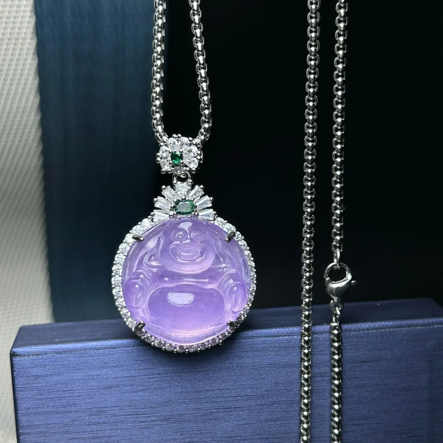inlay Nature ice Lavender Burmese Jade Jadeite Carved Buddha Pendant&Necklaces
