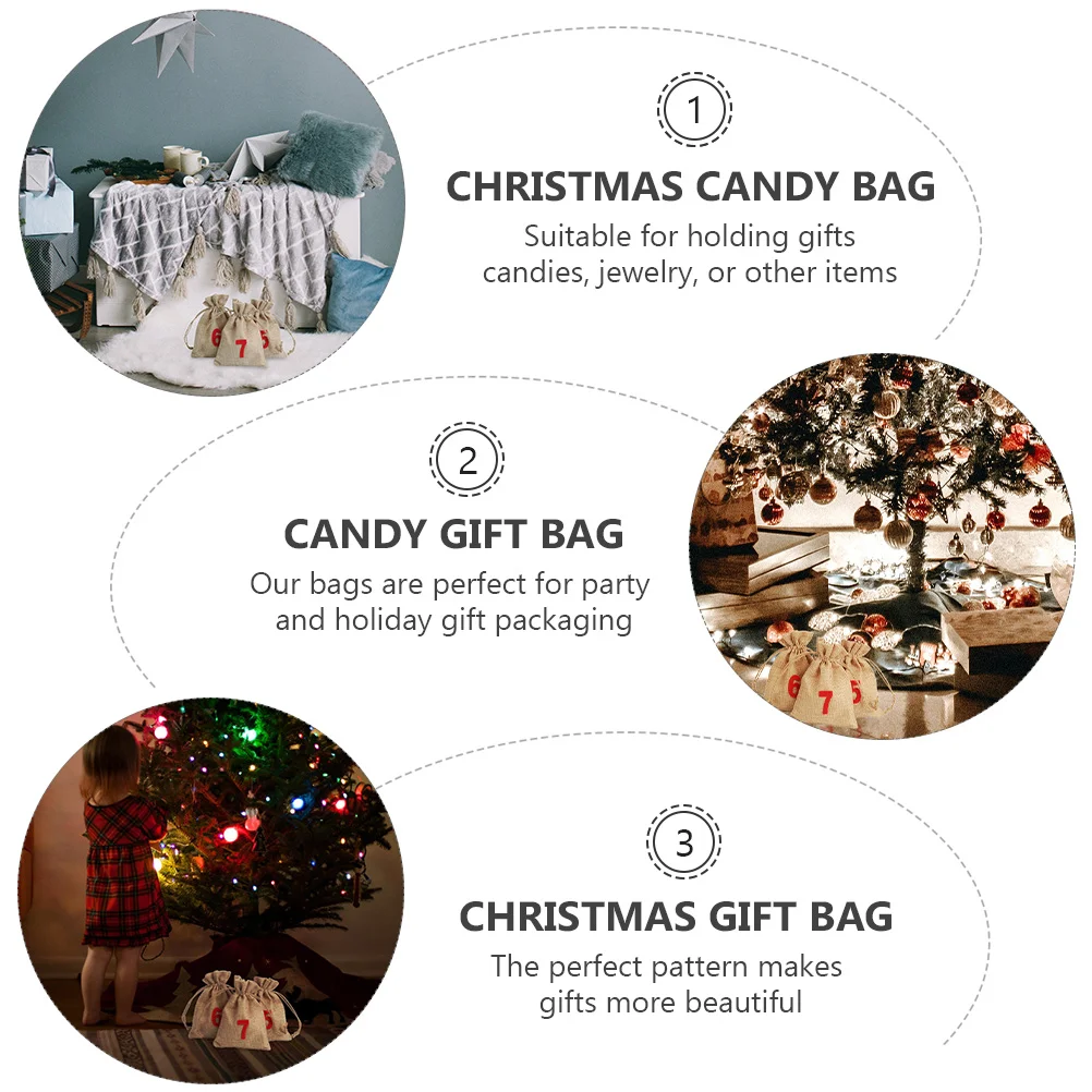 24 Pcs Christmas Sack Linen Gift Bag Party Jewelry Drawstring Linen-like Cloth with Non-woven Lining Candy for