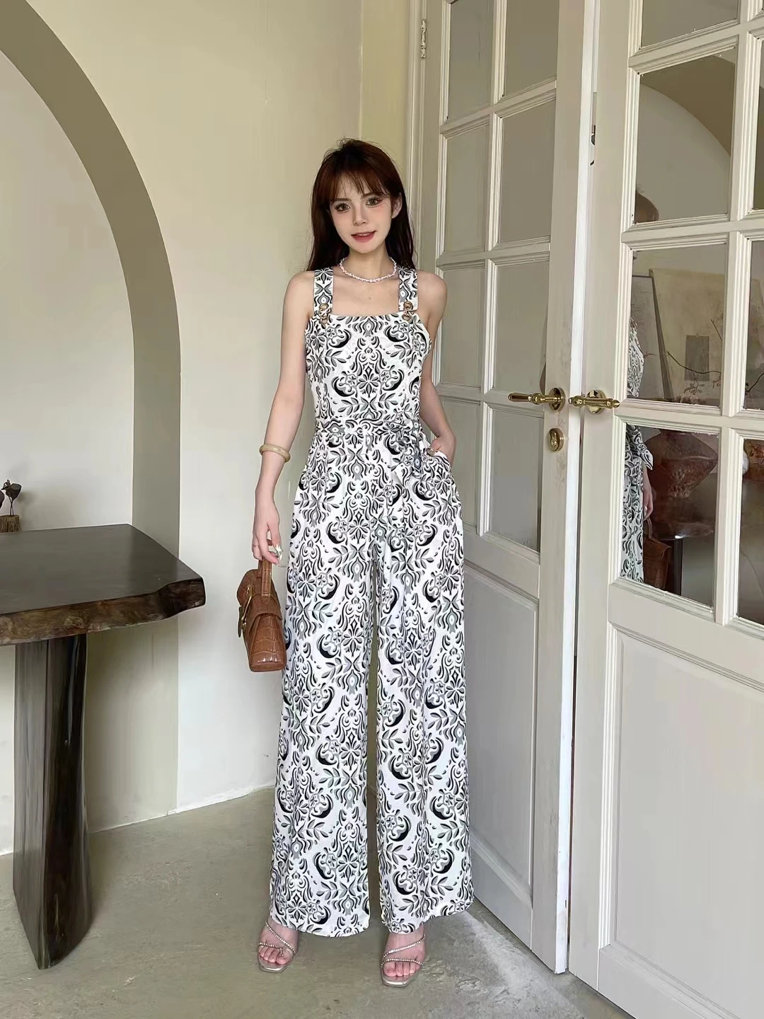 2024 New Summer Women Sexy Square Collar Strap Sashes Slim Jumpsuit Sweet Floral Print Wide Leg Long Pants Jumpsuit 9 Colors