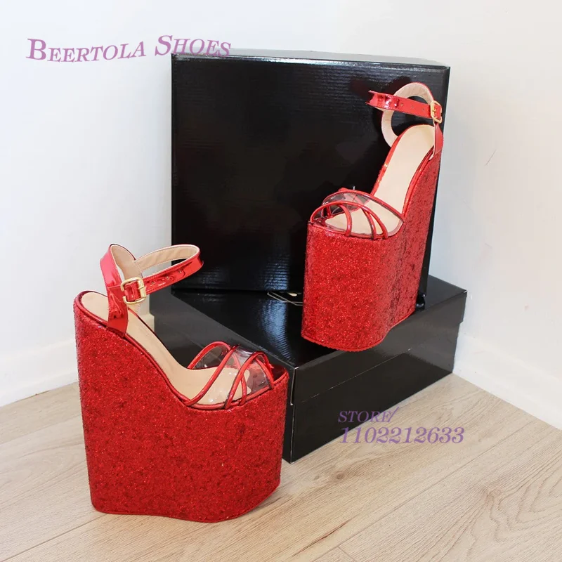 Red Sequins 23Cm Wedge Sandals Woman Platform Pole Dance Heels Golden Round Buckle Slingback Slippers Black Leather Dress Shoes