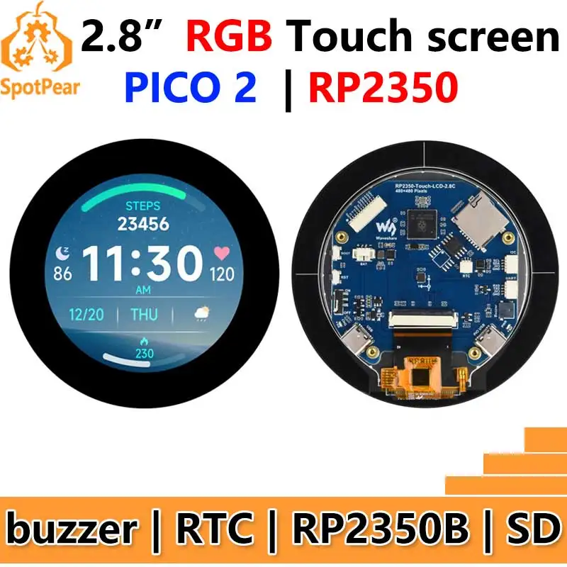 Raspberry Pi Pico 2 RP2350B 2.8インチLCD開発ボード RGBディスプレイ 丸型タッチスクリーン 480x480 LVGL QMI8658 / SD / RTC
