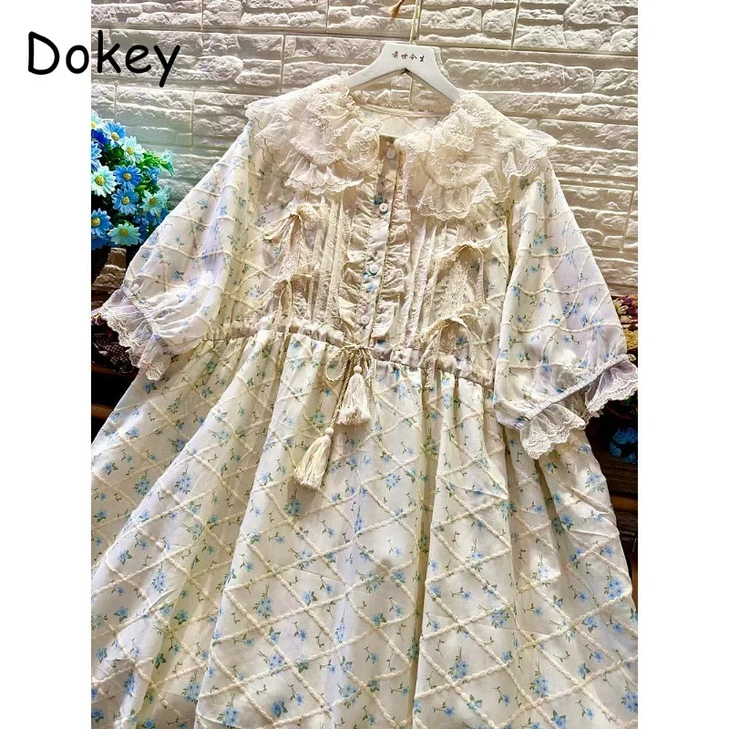 

Vintage Flower Lace Ruffled Lolita Cotton Linen Dress Women Mori Girl Style Doll Collar Puff Sleeve A Line Dress Female Vestidos