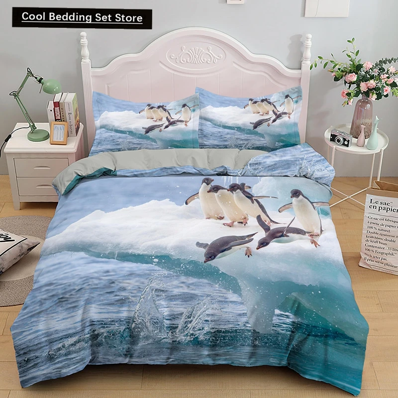 

Penguin King Queen Duvet Cover Lovely Black White Antarctic Animals Bedding Set for Kids Wildlife 2/3pcs Polyester Quilt Cover