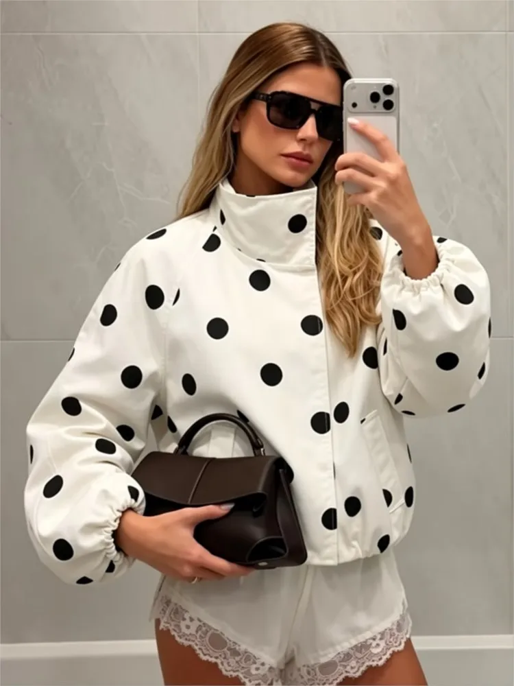 HipSeam Women's Jacket with Asymmetric Polka Dot New 2026 Autumn Stand-Neck Long Sleeve Women Bomber Jackets Simple Feamle Coats