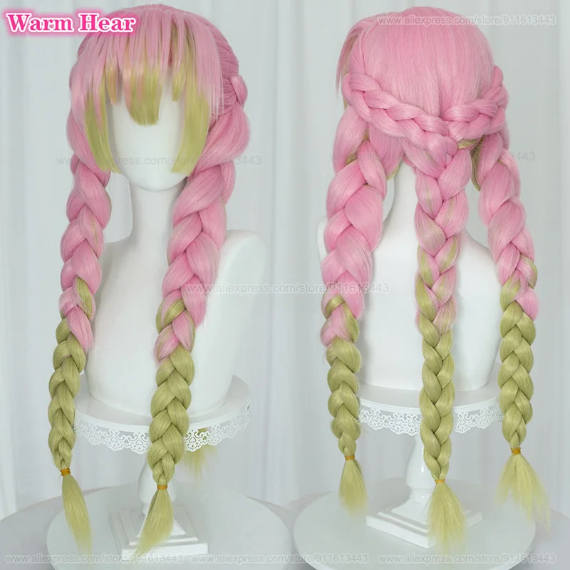 

Kanroji Mitsuri Cosplay Wig Long 80cm Pink Green Braids Wig Cosplay Anime Wig Heat Resistant Synthetic Wigs Halloween + Wig Cap