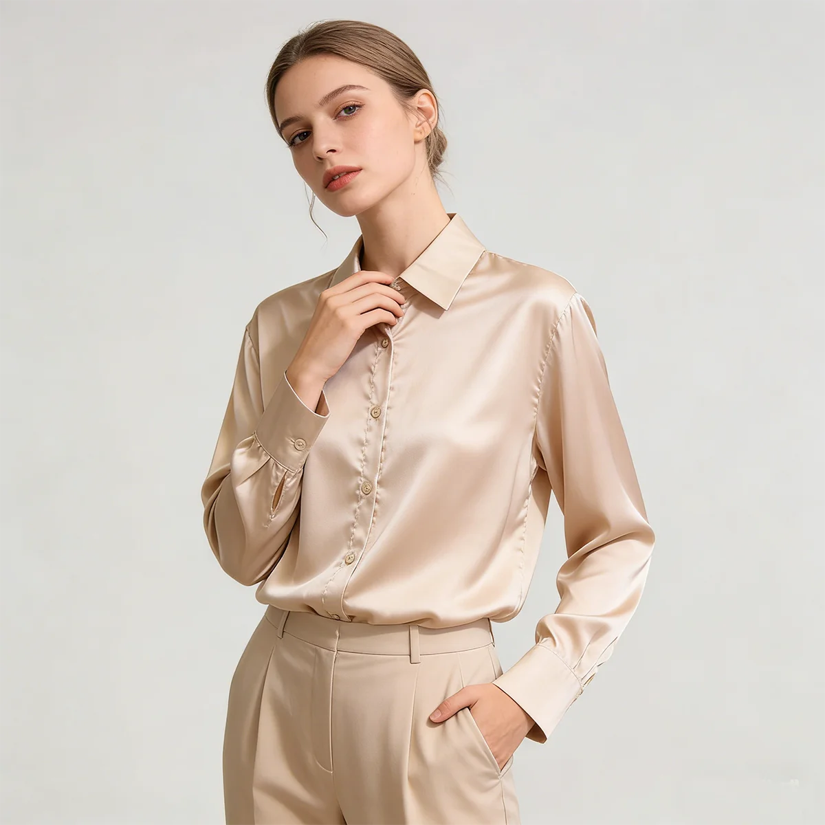 

Women's Satin Shirt Thin Long Sleeve Collared Button Elegant Smooth Silky 2026 Trendy Work Office Top Chic Ladies Fashion Blouse