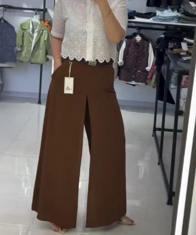 Women's Pants 2025 Spring Autumn New Pocket Design Elastic Back Waist Wide Leg Slit Faux Two-Piece Casual Pants Without Belt