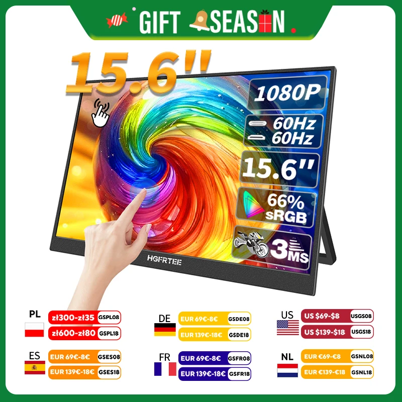 HGFRTEE 15.6 Inch Touch Portable Monitor ADS-IPS 1920*1080P 300cd/m2 Extended Display for Laptop Second Screen XBox PS4/ 5