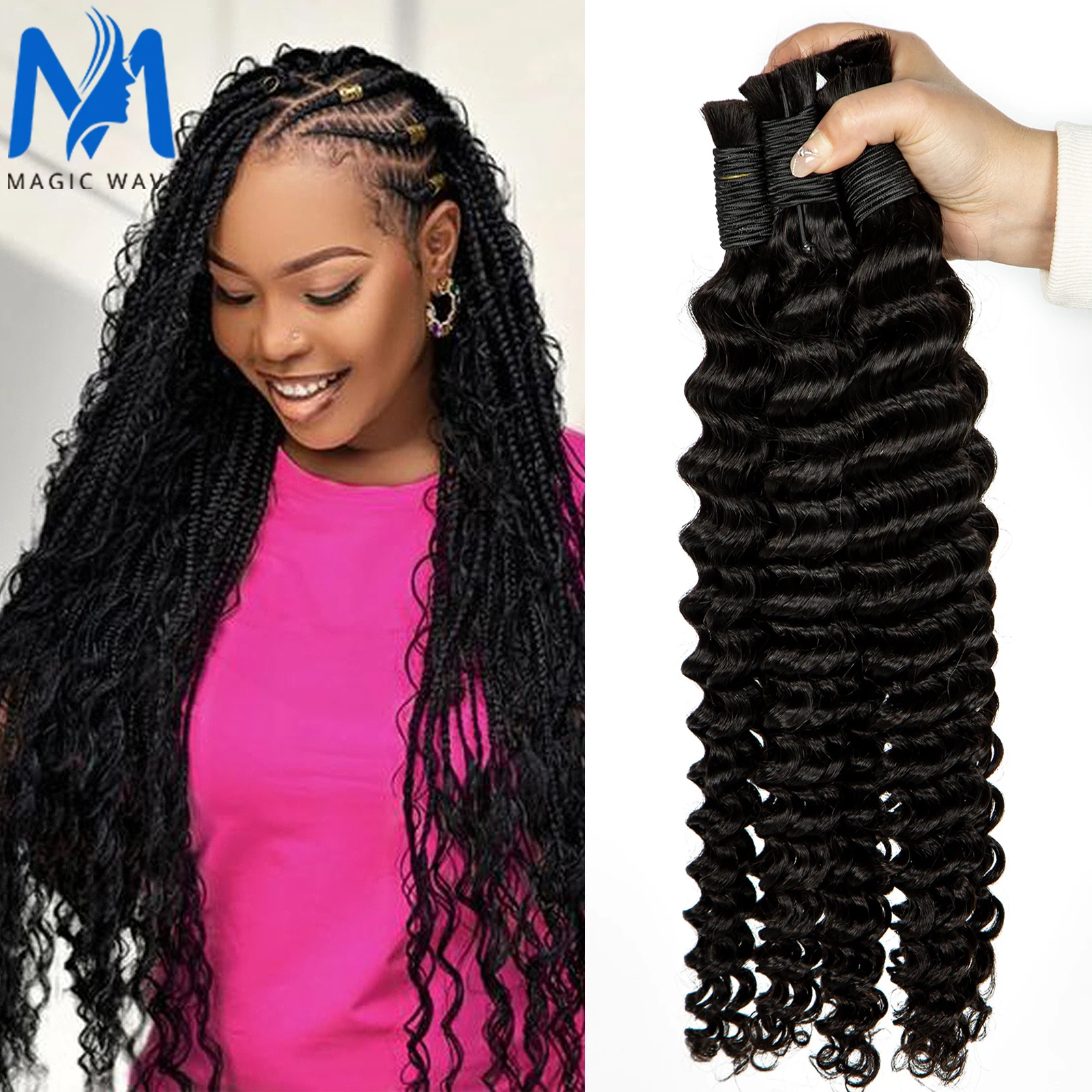 20 26 28 Inches Natural Black Deep Wave Human Braiding Hair Bulk for Boho Knotless Braids Bulk P4/27 Deep Wave Micro Braiding