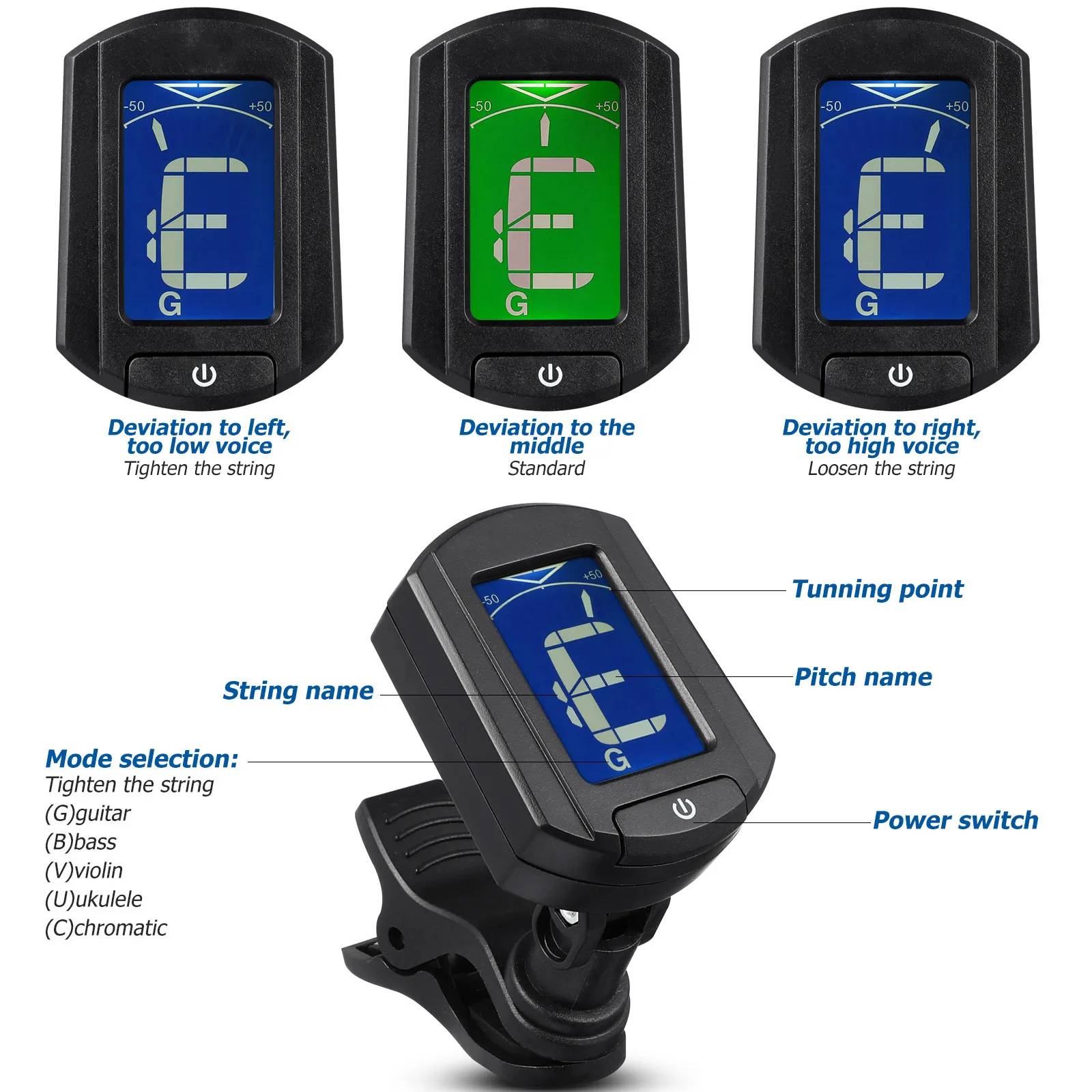 Eno Et-33 Mini Clip-on Digital LCD Guitar Bass Violin Ukulele Tuner Multi-Color Screen Vibration Sensor Guitar Tuner
