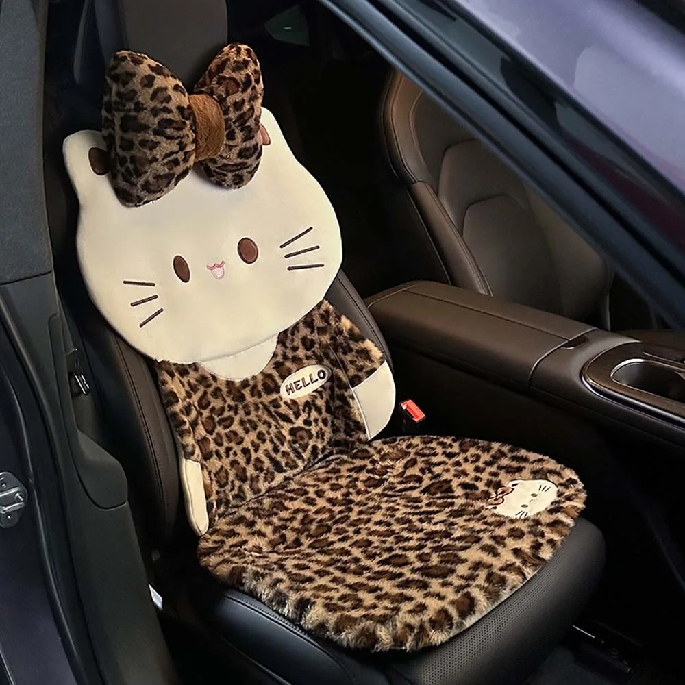 Fun Leopard Print Cartoon Cat Plush Car Seat Covers Set Soft Breathable Rabbit Fur Material Comfortable Driving Experience