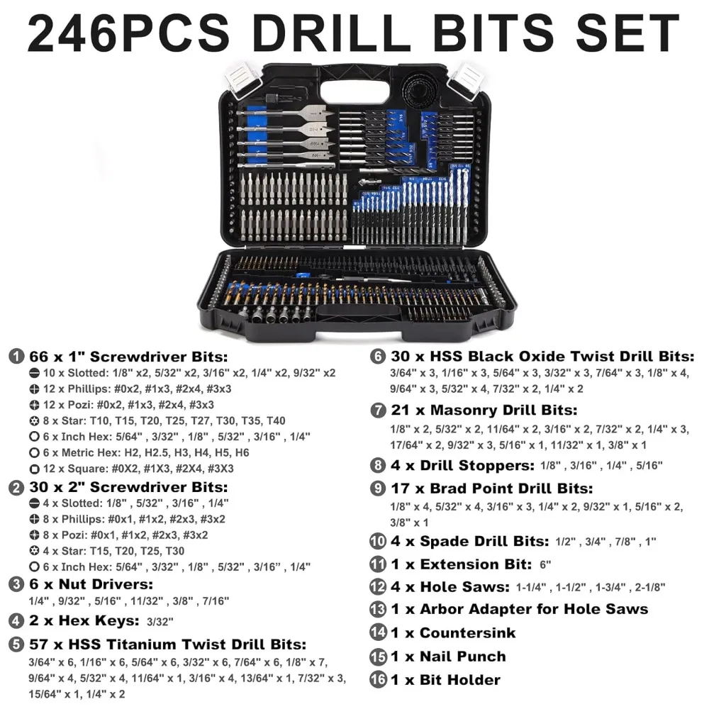 Drill Bit Set, 246 Pcs for Cordless Drill, Drill Driver Bit Set for Wood, Metal, Masonry and Screwdriver Bits Set Combo Kit