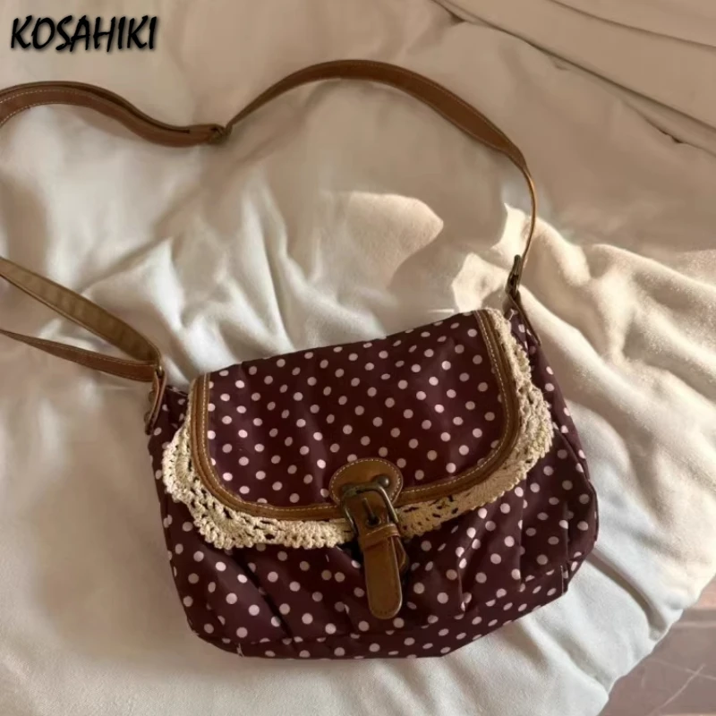 Fashion Dots Women's Handbags All Match Streetwear Trendy Crossbody Bag Office Lady Vintage Shoulder Canvas Bags Y2k Aesthetic