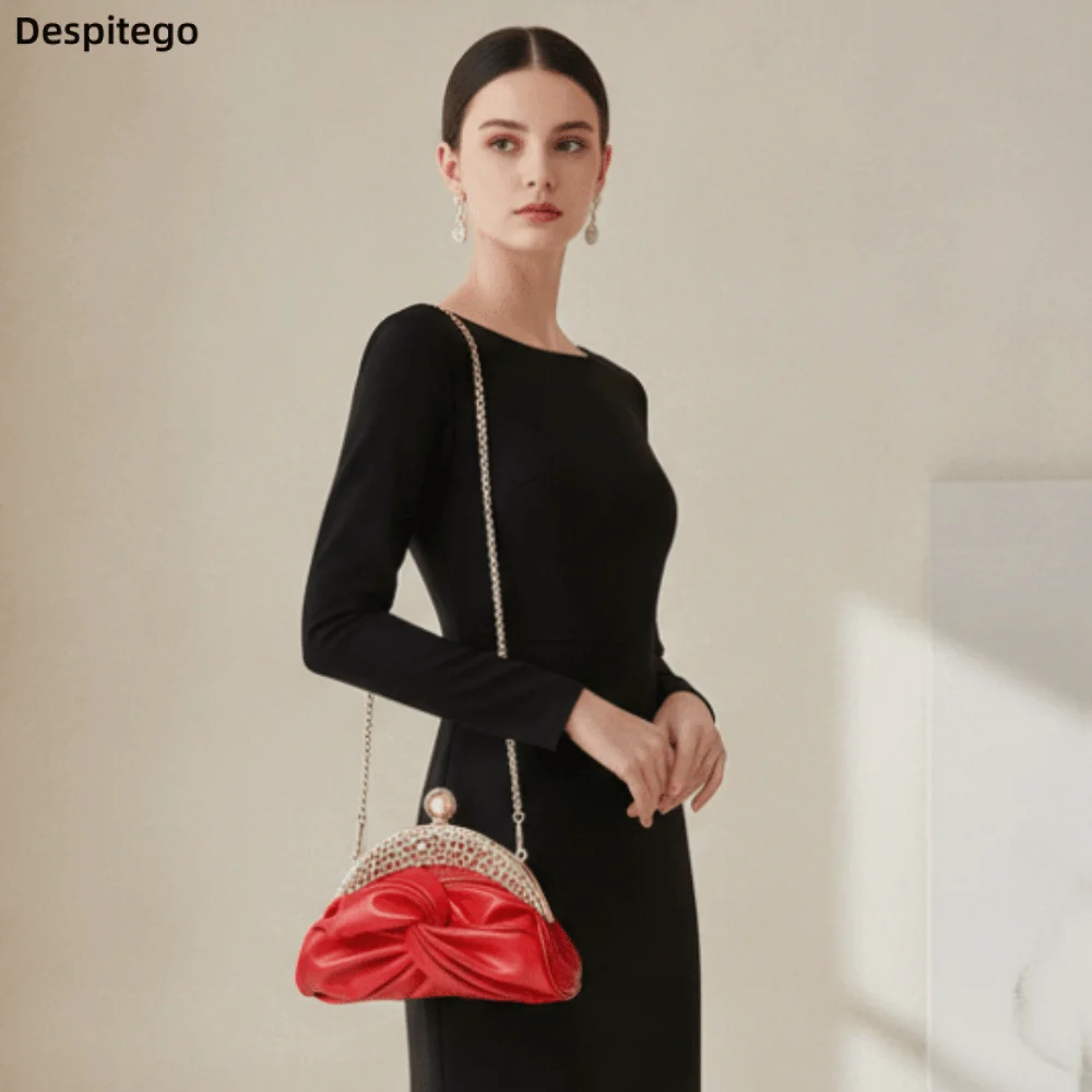 

Sparkly Rhinestone Evening Clutch Pleated Satin-like Luxury Party Pochette Glittery Chic Ruched Knot Bag Banquet