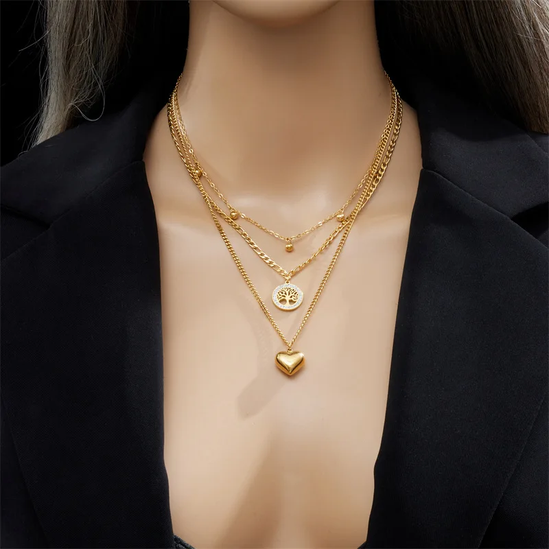 

3PCS Set Heart Tree Pendant Necklace Bracelet Earring Set Gold Plating Big Heart Pendant Lucky Tree Crystal Jewelry Set