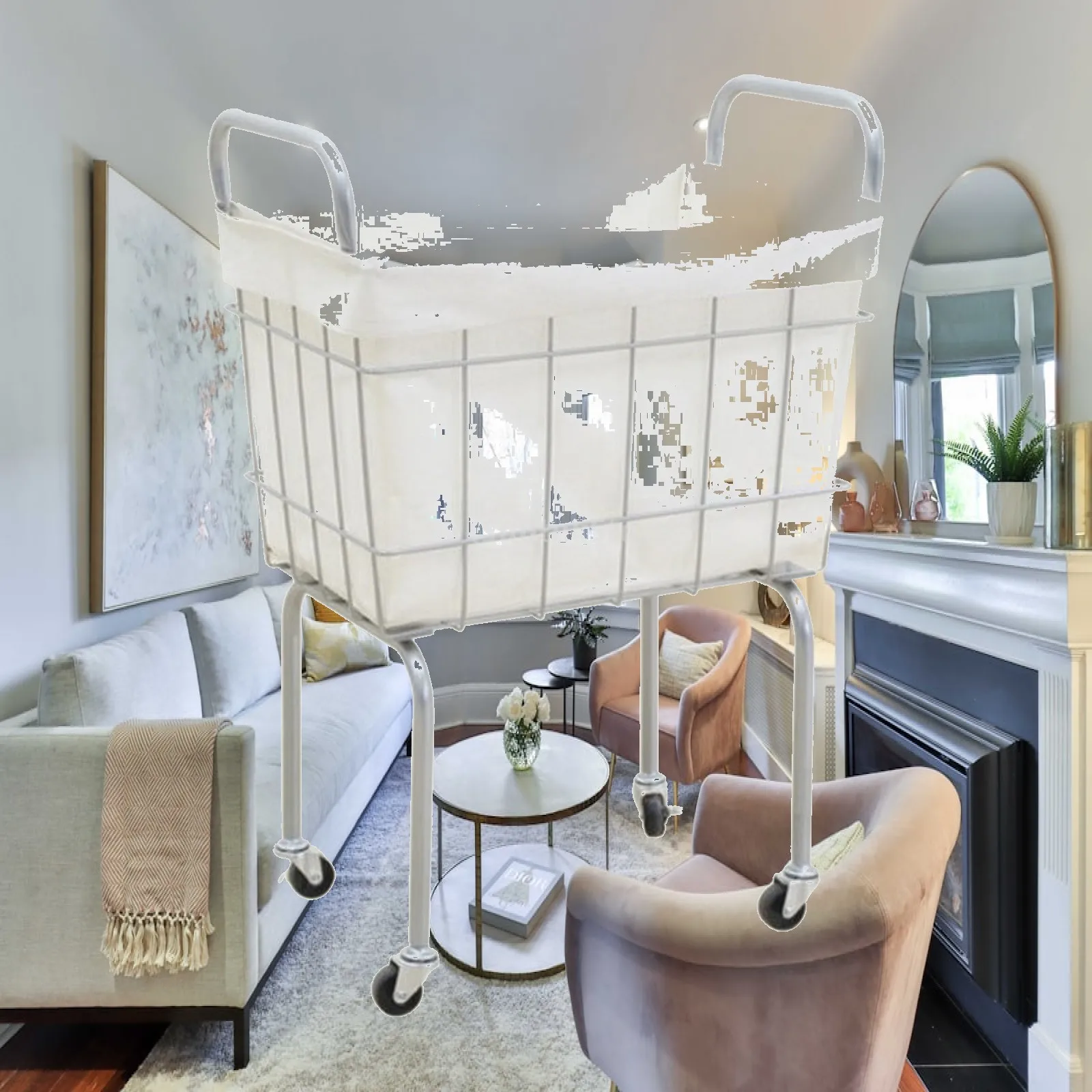 Portable Laundry Cart with Metal Frame and Textile Rim for Moving Clothes Between Rooms Smoothly