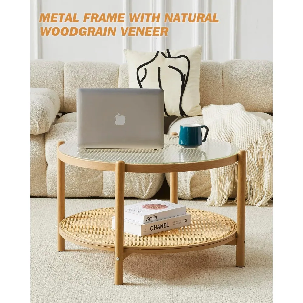 طاولة قهوة، طاولة مركزية معدنية زجاجية مستديرة، طاولة متوسطة حديثة وبسيطة من طبقتين للمعيشة في مساحة صغيرة