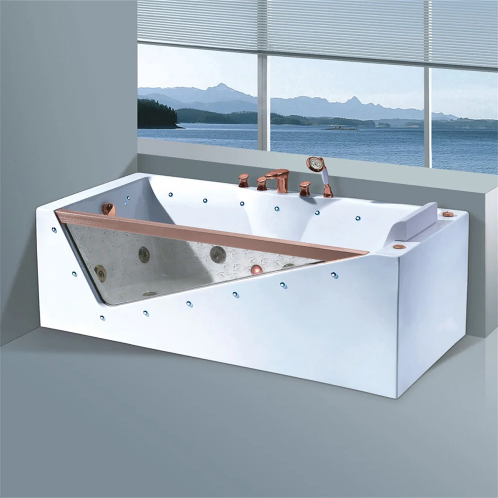 LED Underwater Light Rectangle Shaped Bathroom Corner Massage Baths Whirlpool Massage Bathtub With Rose Gold Hardware