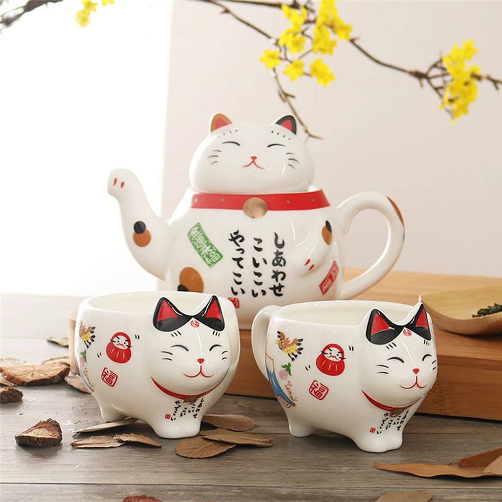 Ceramic Lucky Cat Cartoon Cups, Teapot, Coffee, Milk Mug Sets, Breakfast, Afternoon Tea Pot, 1 Teapot, 2 Mugs, Cute, 3Pcs per Lo