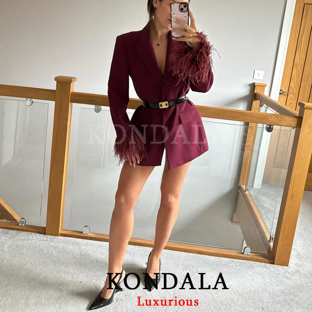 KONDALA Casual Chic Red Blazer V Neck Loose Feathers Patchwork Jackets Fashion 2025 Autumn Office Lady Chic Bordeaux Red Blazer