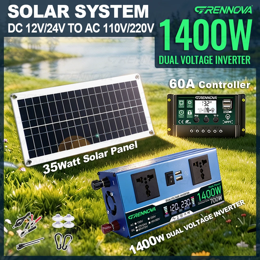 Dual Voltage Solar System Kit | 1400W Peak (700W Continuous) Inverter + 35W Panel + 60A Controller, DC 12V/24V to AC 110V/220V