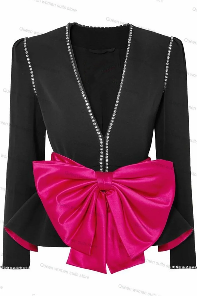 Black Crystals Wedding  Women Pants Suits Set 2 Pcs Blazer With Bow Costumes pour femmes Tailored Jacket Prom Dress Coat