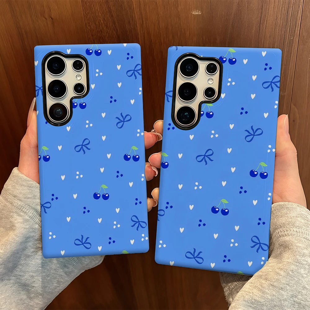 حافظة هاتف كرزية زرقاء لهاتف سامسونج جالاكسي S25 Ultra S24 S23 Ultra Plus غطاء خلفي لامع بطبقة مزدوجة