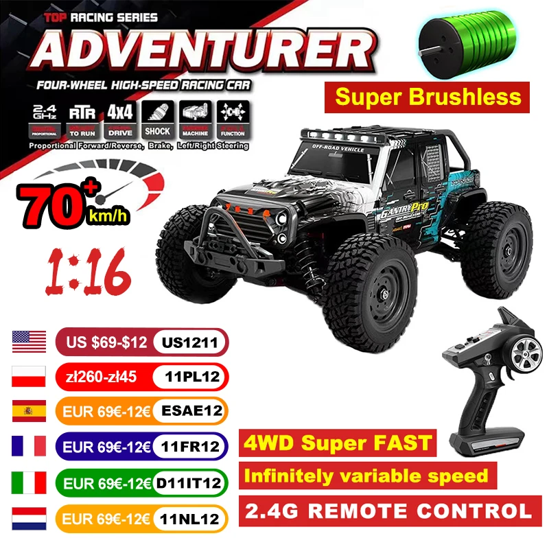 

1:16 4WD RC High-speed Car Brushless 70km/h Competition Off-road Climbing Car 2.4G Remote Control Toy Car VS WLtoys 144001 Toys