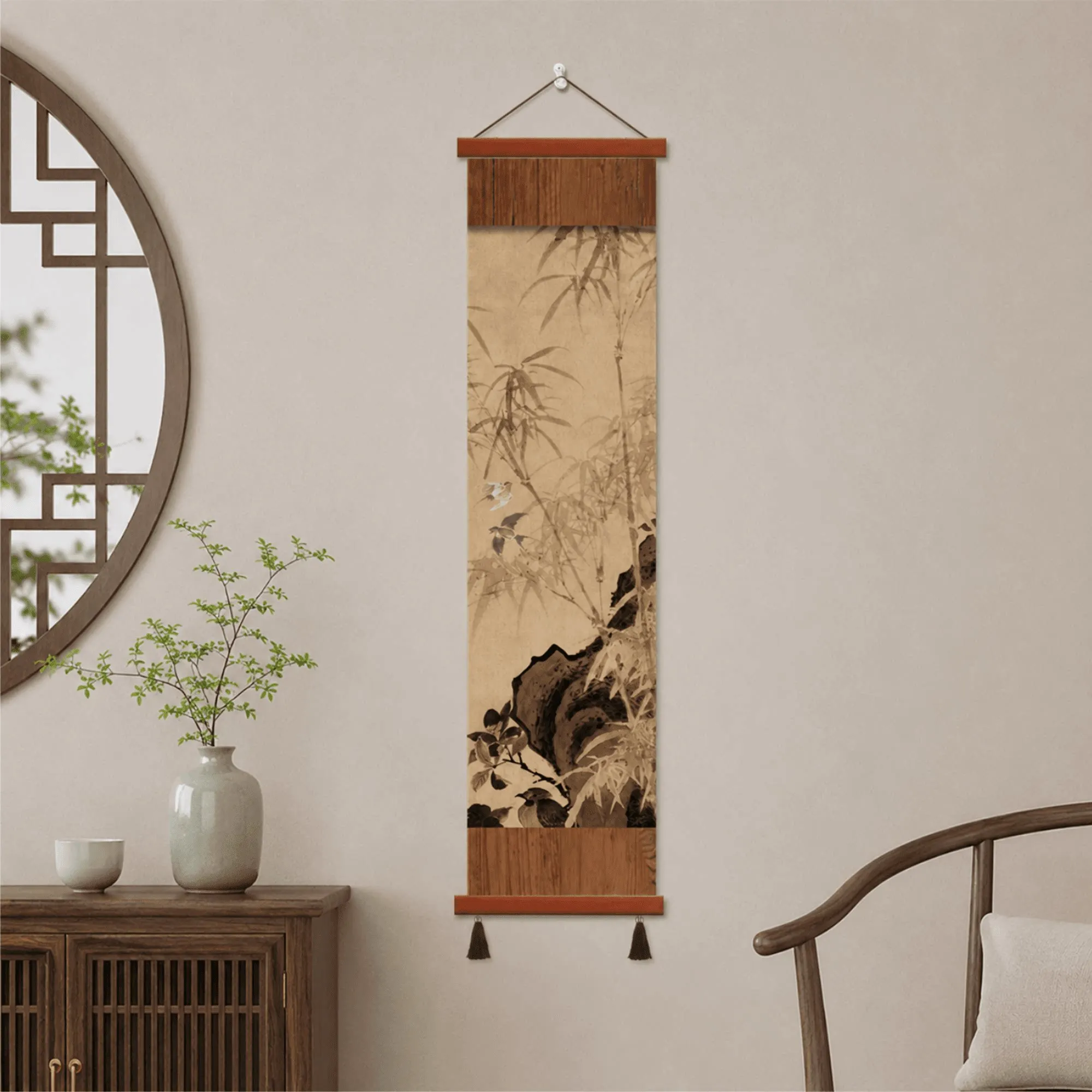 Wall Art Scroll Wall Decor Chinese Ink Bamboo Bird Painting Zen Minimalism Dopamine Detox Tea Ceremony Classroom Tatami Room