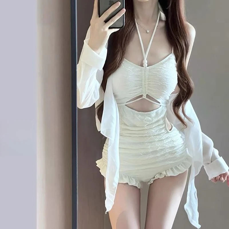 

Coquette Sweet Baby White 2 Piece Swim Set Women Halter Neck Ruched Cutout Ruffle Hem Sheer Cover Up Sexy Bodycon Beach Vacation