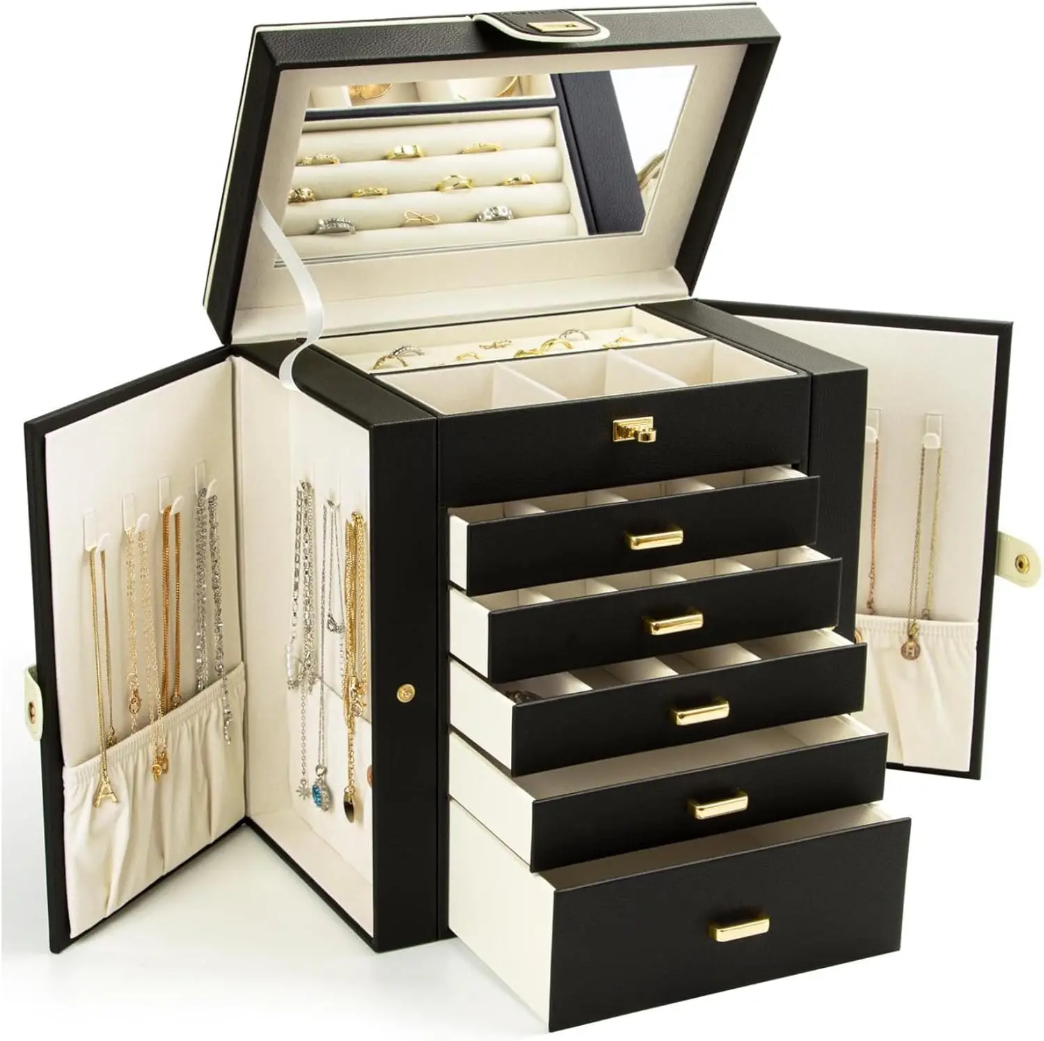 

6-Layer Large Jewelry Organizer Box with Mirror & 5 Drawers for Rings, Earrings, Necklaces, Bracelets in Black