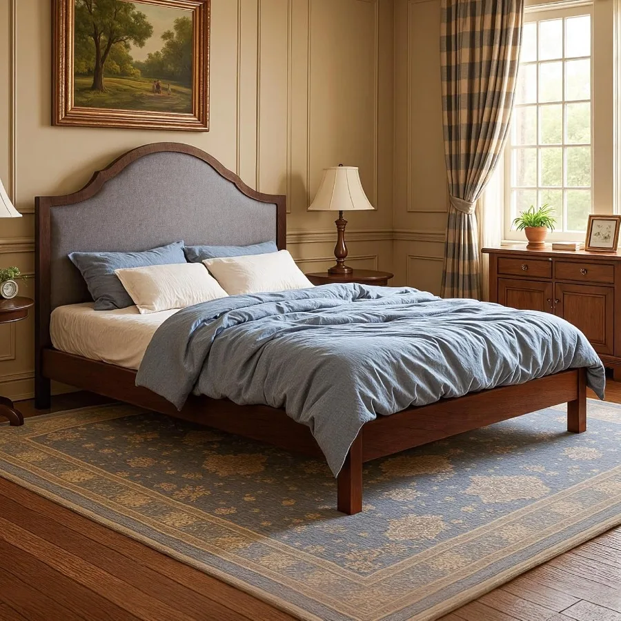 Wood Full Size Bed Frame with Tall Upholstered Curved Headboard Solid Wood Platform No Box Spring Needed Wood Slat port Brown
