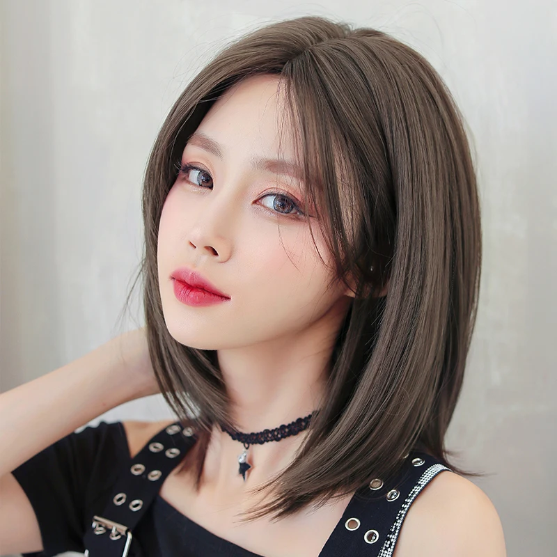 Short Straight Middle Part Cool Brown Bob Wig for Women Daily Use High Density Synthetic Layered Hair Wigs with Curtain Bangs