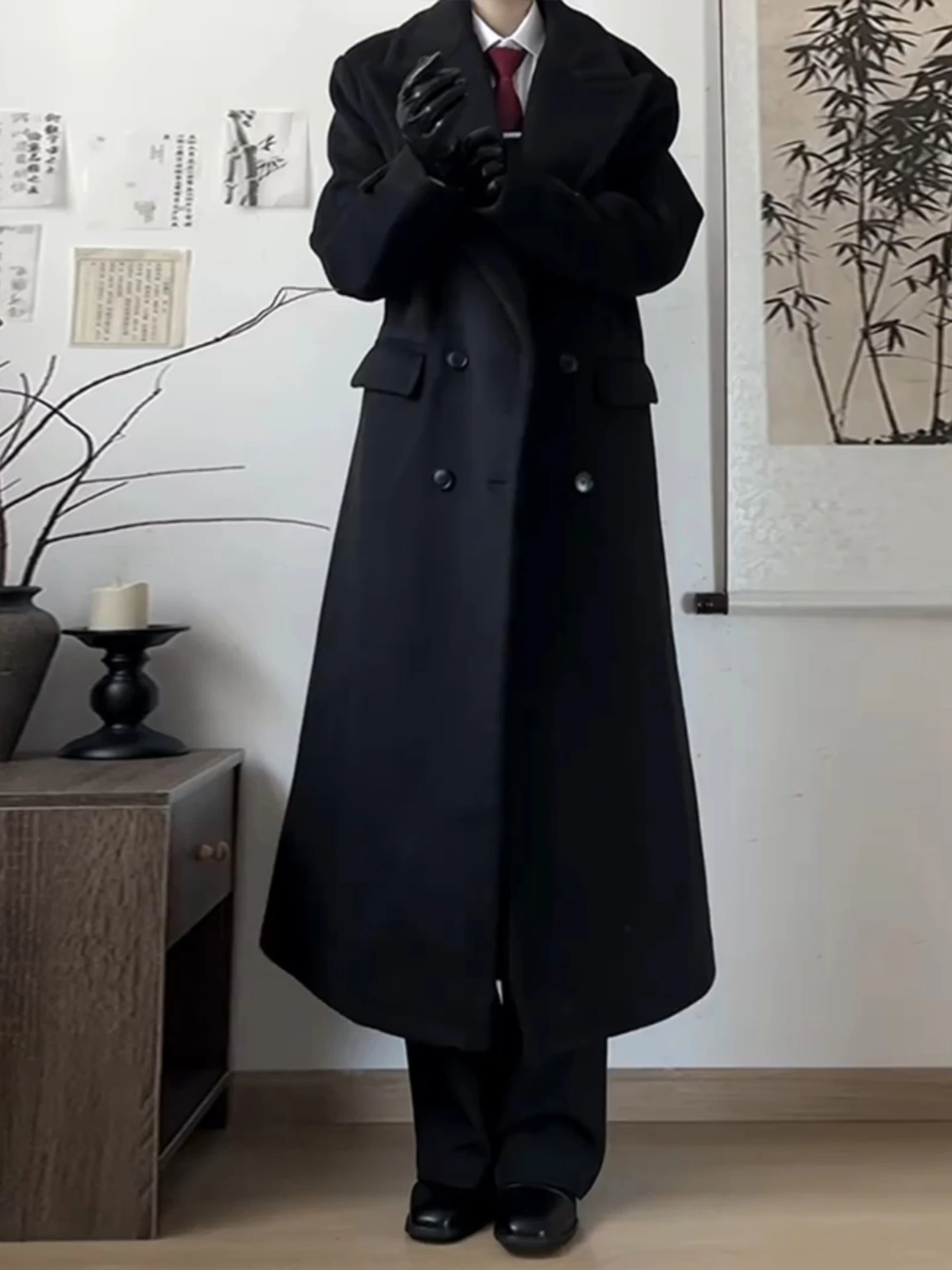 Black Woolen Overcoat Men's Autumn Winter Thickened Medium Length Knee-Height Windbreaker Style Woolen Coat for Youth