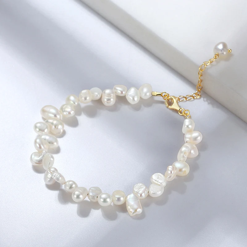 2024 fine jewelry 925 Sterling Silver 5-6mm natural Freshwater Cultured Baroque Pearl Bracelet for women 14k 18k Gold Plated