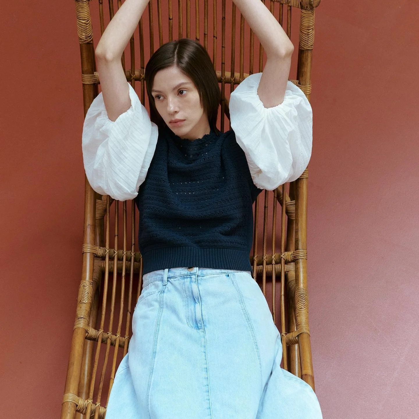 Efekt wyszczuplający, dzianina z czystej bawełny, ażurowe wycięcia, elastyczne łączenia, koreański styl, długi rękaw, okrągły dekolt, styl dojazdowy, elegancki.