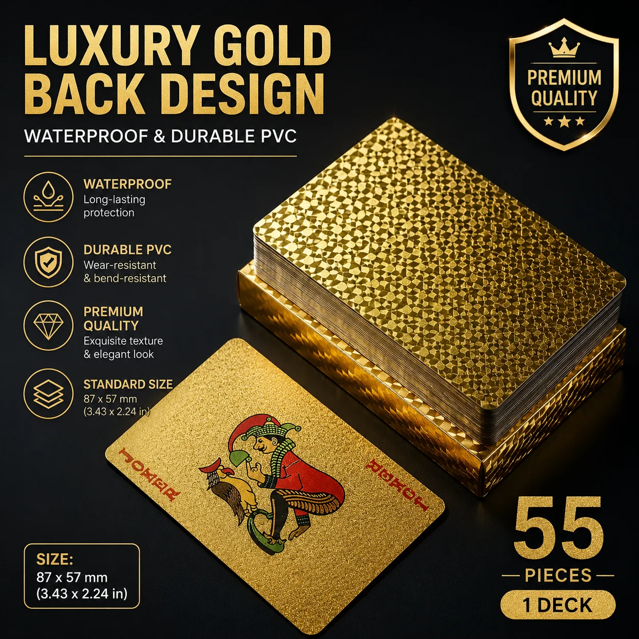 55pcs Golden Playing Entertain Cards Gold Foil Pokers Set Magic Cards 24K Gold Plastic Foil Pokers Durable Waterproof Cards
