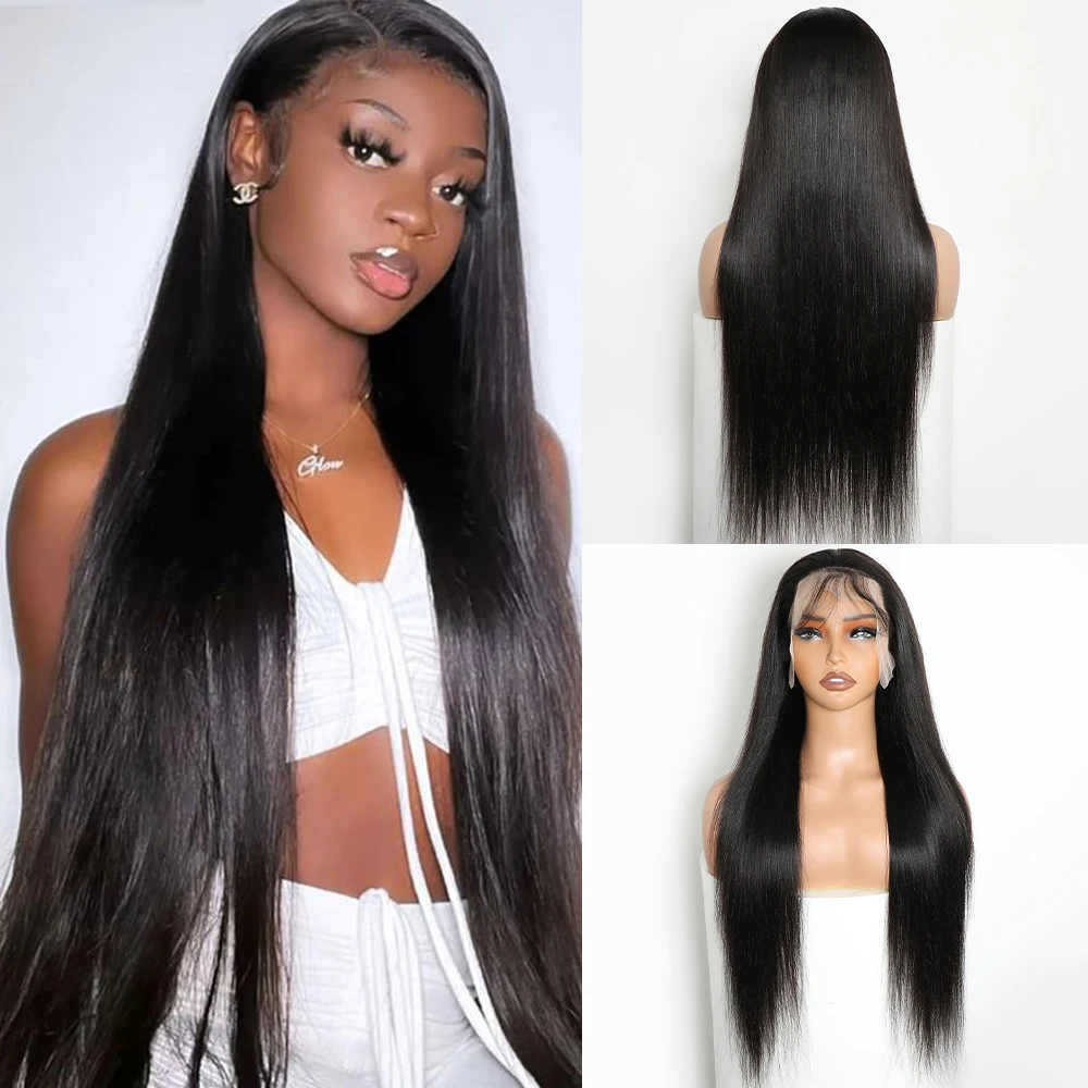 

ALIBELE Straight Human Hair Lace Front Wig Transparent Lace Frontal Wig Pre Plucked Natural Black 12A Virgin Hair