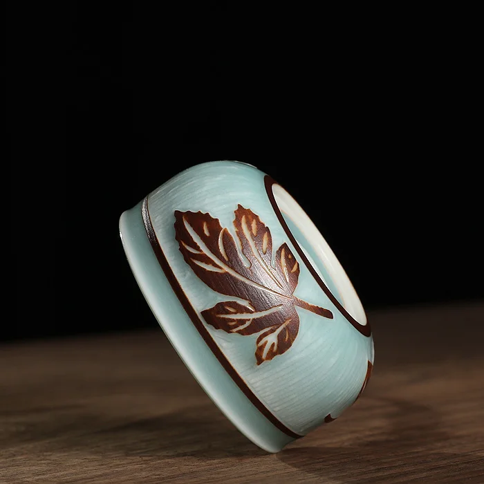 Longquan Celadon Ceramic Jumping Carved Maple Leaf Master Cup Handmade Single Tea Cup