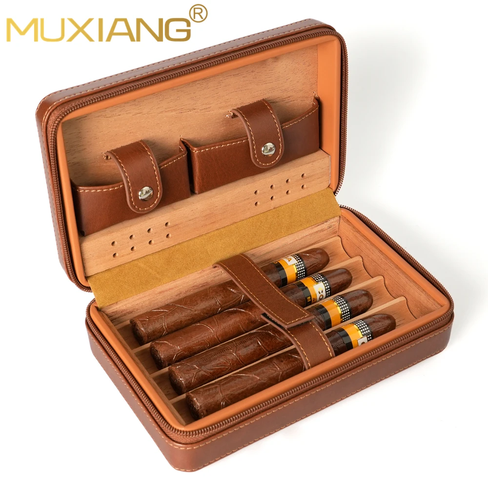 Leather cigar case travel bag ，cigar bag with cedar wood，Holds 4pcs large cigars and cigar accessories， Travel Cigar Humidor