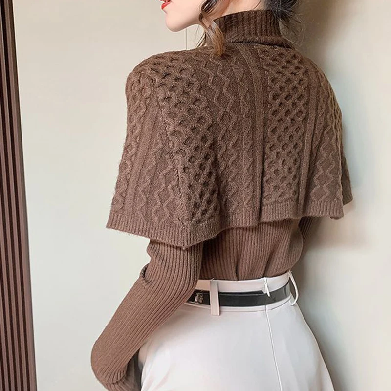 Lucyever Vintage Turtleneck Women Sweaters Fashion Shawl Two Piece Knitted Sweater Woman 2023 Autumn Winter Chic Button Jumper