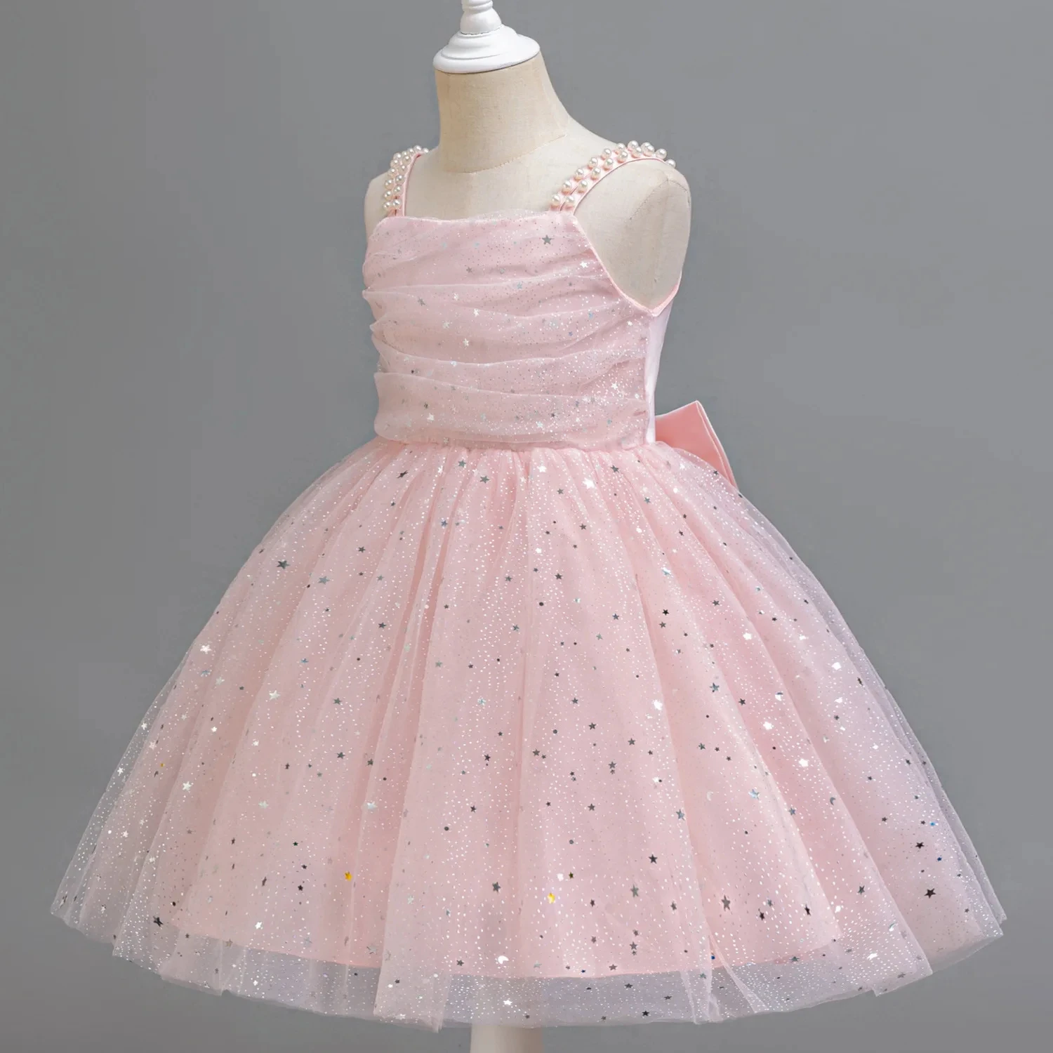 Customized Flower Girl Dress For Wedding Pearls Glitter Bow Sleeveless Knee Length Elegant Kids Birthday First Communion Gown