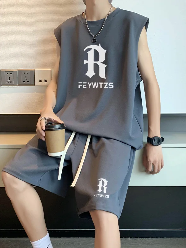 Men's Spor Breathable Cool Tank Top And orts Set Thin Sweat Absorbent round Ne Running Fitn Casual Summer Outfit